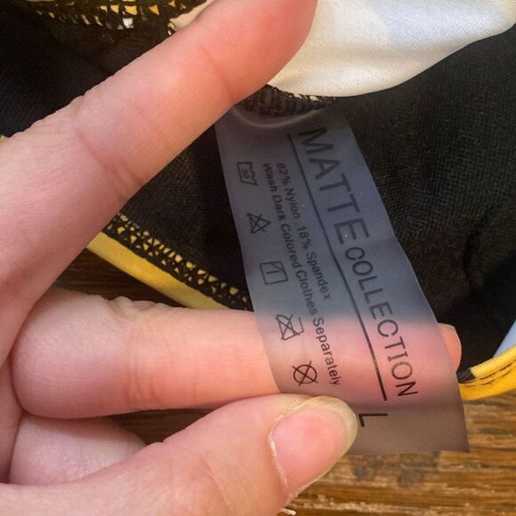 Matte Collection Galen Yellow Black Print One Piece Asymmetrical Swimsuit Large - Picture 3 of 5